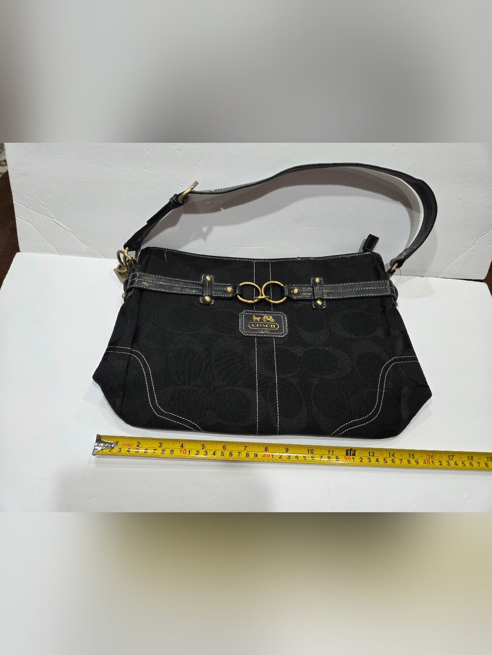 Women's Shoulder Canvas Bag with Gold-Tone Accent - Picture 2 of 7